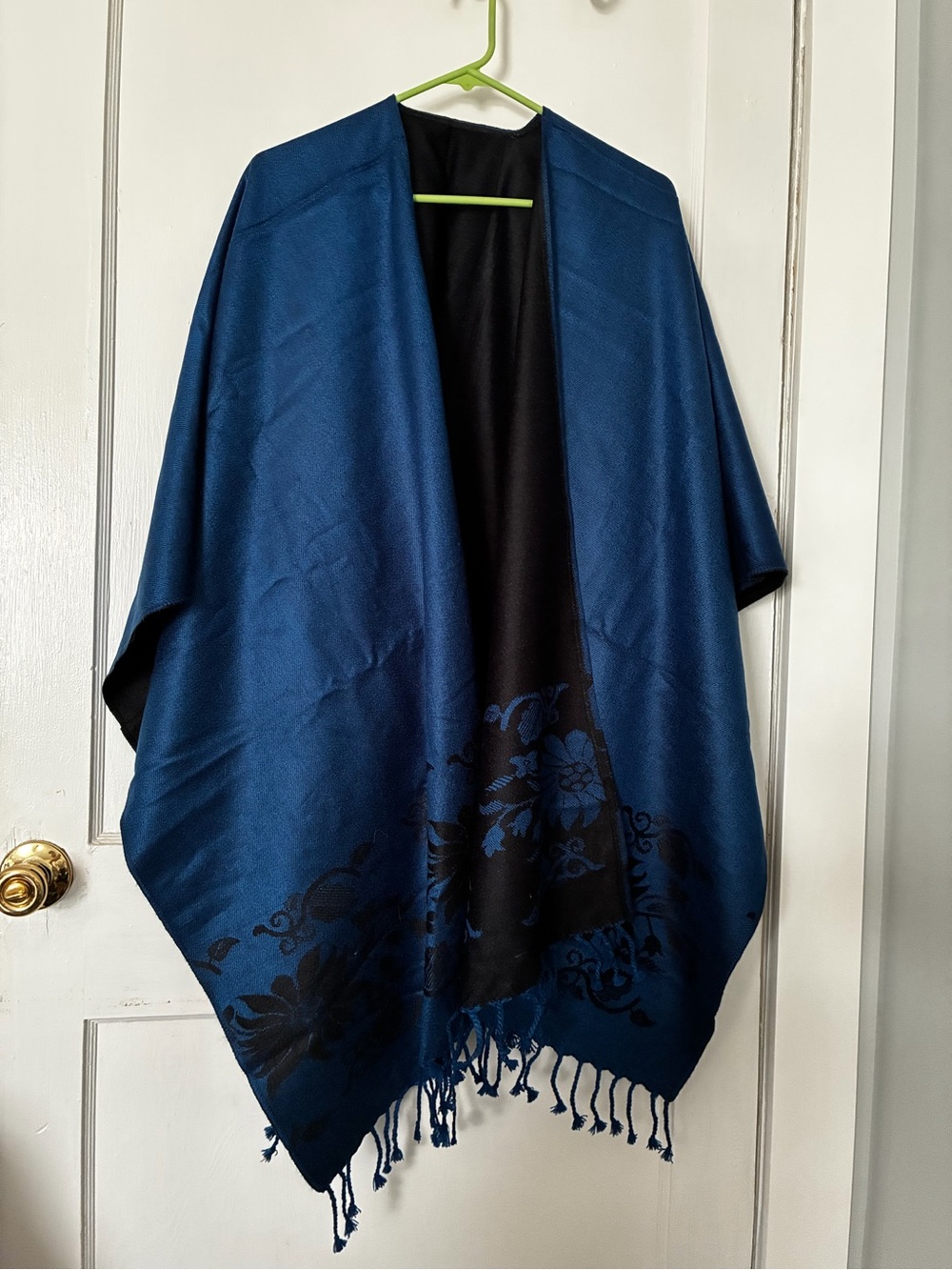 Elegant Blue Floral Fringed Shawl Wrap